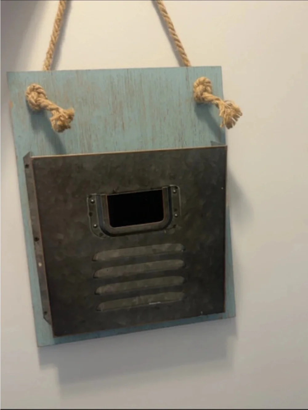 Wall-Mounted Mail Organizer - Blue Wood with Metal Pocket